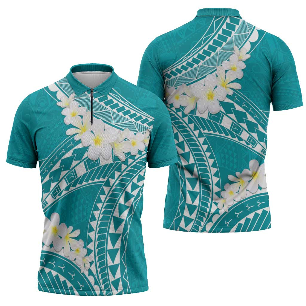 Polynesian Vintage Floral Zipper Polo Shirt Teal Motifs LT7 - Polynesian Pride