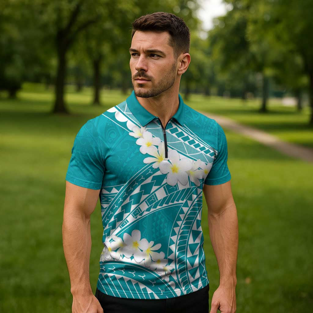 Polynesian Vintage Floral Zipper Polo Shirt Teal Motifs LT7 - Polynesian Pride