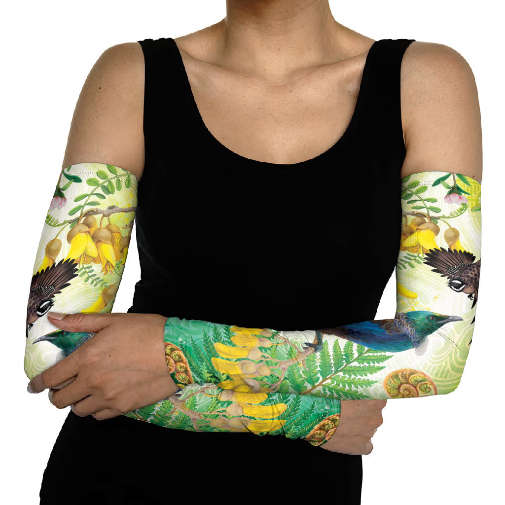 New Zealand Maori Mahuru Arm Sleeves Tui With Pikawakawa Spring Colors LT7 - Polynesian Pride