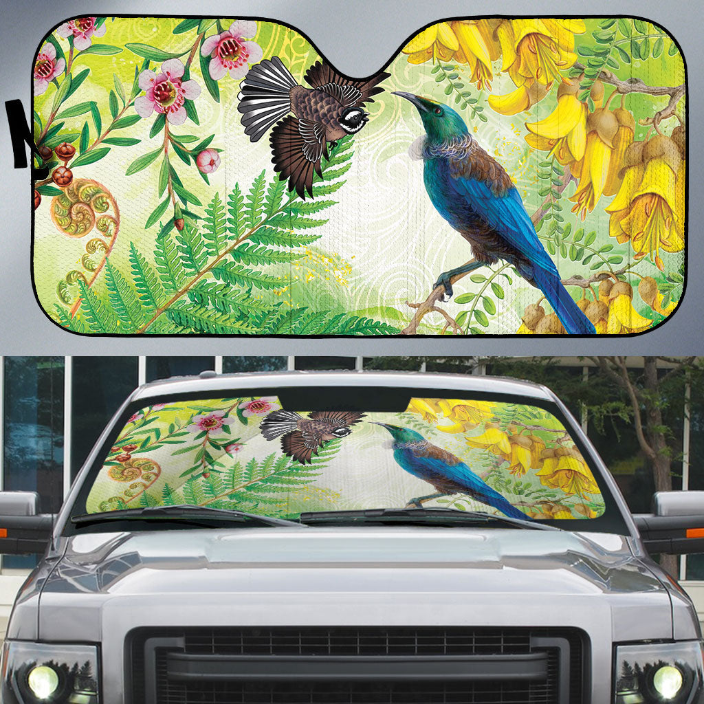 New Zealand Maori Mahuru Auto Sun Shade Tui With Pikawakawa Spring Colors LT7 Multicolor - Polynesian Pride
