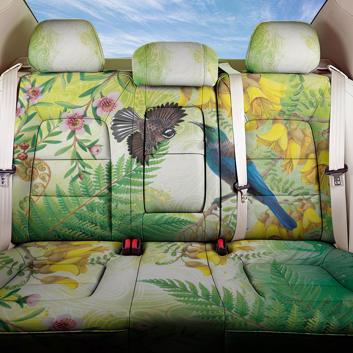 New Zealand Maori Mahuru Back Car Seat Cover Tui With Pikawakawa Spring Colors LT7 One Size Multicolor - Polynesian Pride