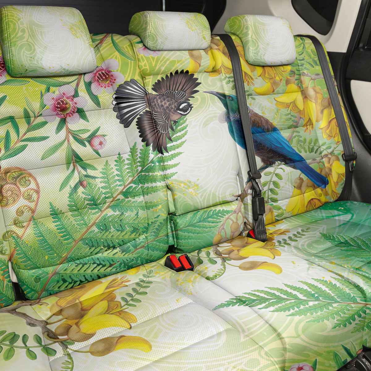 New Zealand Maori Mahuru Back Car Seat Cover Tui With Pikawakawa Spring Colors LT7 - Polynesian Pride