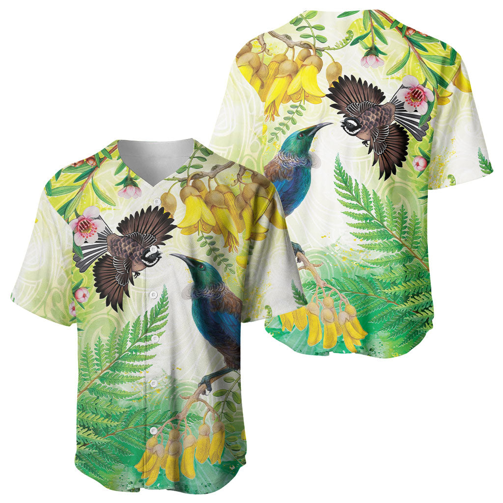 New Zealand Maori Mahuru Baseball Jersey Tui With Pikawakawa Spring Colors LT7 - Polynesian Pride