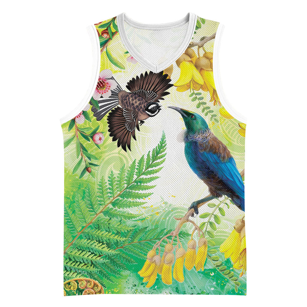 New Zealand Maori Mahuru Basketball Jersey Tui With Pikawakawa Spring Colors LT7 Unisex Multicolor - Polynesian Pride
