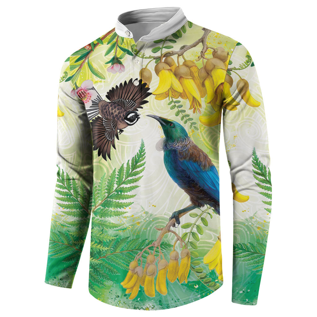 New Zealand Maori Mahuru Button Sweatshirt Tui With Pikawakawa Spring Colors LT7 - Polynesian Pride