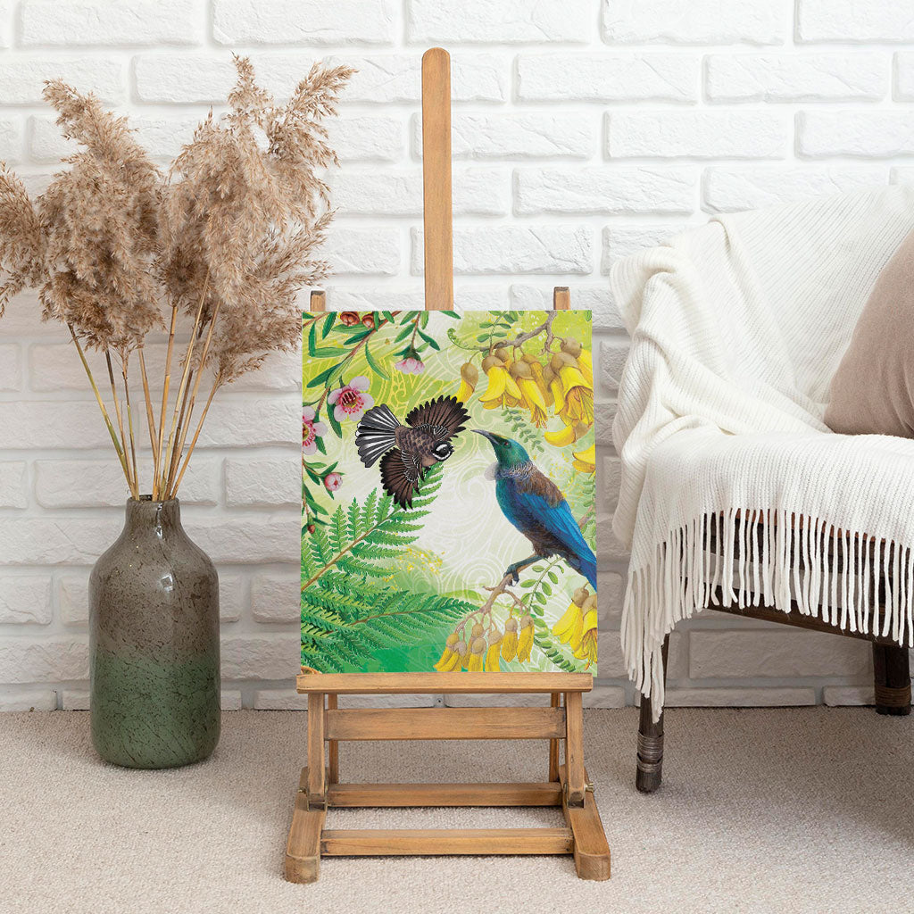 New Zealand Maori Mahuru Canvas Wall Art Tui With Pikawakawa Spring Colors LT7 - Polynesian Pride