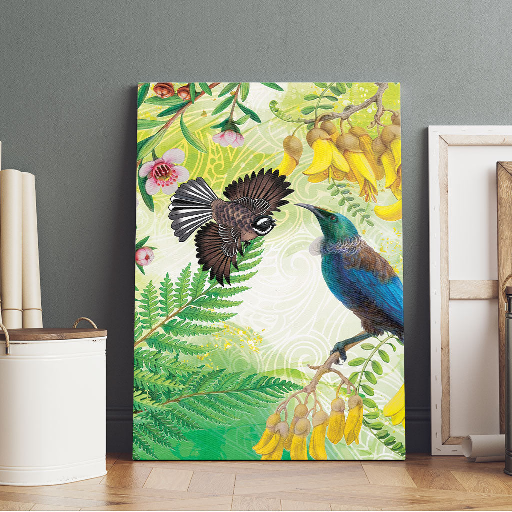 New Zealand Maori Mahuru Canvas Wall Art Tui With Pikawakawa Spring Colors LT7 - Polynesian Pride