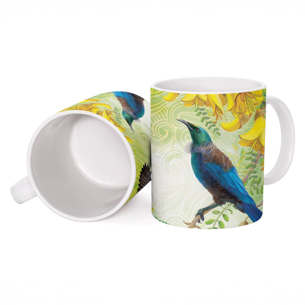 New Zealand Maori Mahuru Ceramic Mug Tui With Pikawakawa Spring Colors LT7 - Polynesian Pride