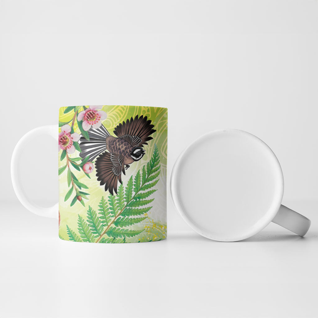 New Zealand Maori Mahuru Ceramic Mug Tui With Pikawakawa Spring Colors LT7 - Polynesian Pride