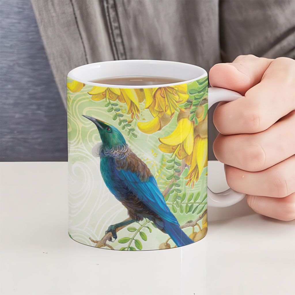 New Zealand Maori Mahuru Ceramic Mug Tui With Pikawakawa Spring Colors LT7 - Polynesian Pride