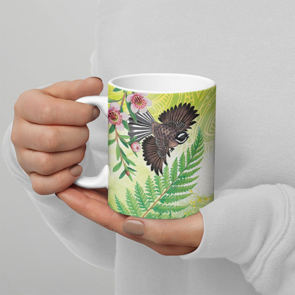 New Zealand Maori Mahuru Ceramic Mug Tui With Pikawakawa Spring Colors LT7 - Polynesian Pride
