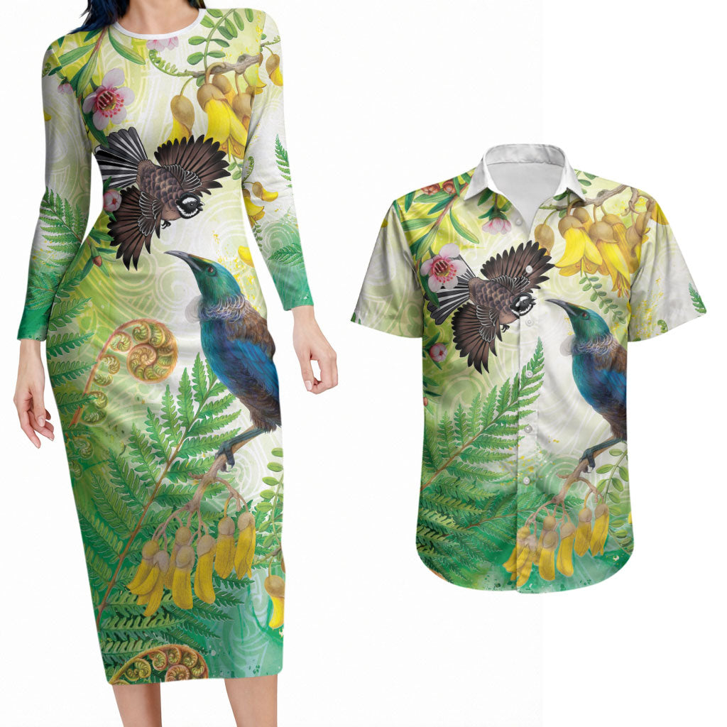 New Zealand Maori Mahuru Couples Matching Long Sleeve Bodycon Dress and Hawaiian Shirt Tui With Pikawakawa Spring Colors LT7 Multicolor - Polynesian Pride