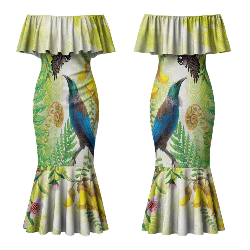 New Zealand Maori Mahuru Couples Matching Mermaid Dress and Hawaiian Shirt Tui With Pikawakawa Spring Colors LT7 - Polynesian Pride