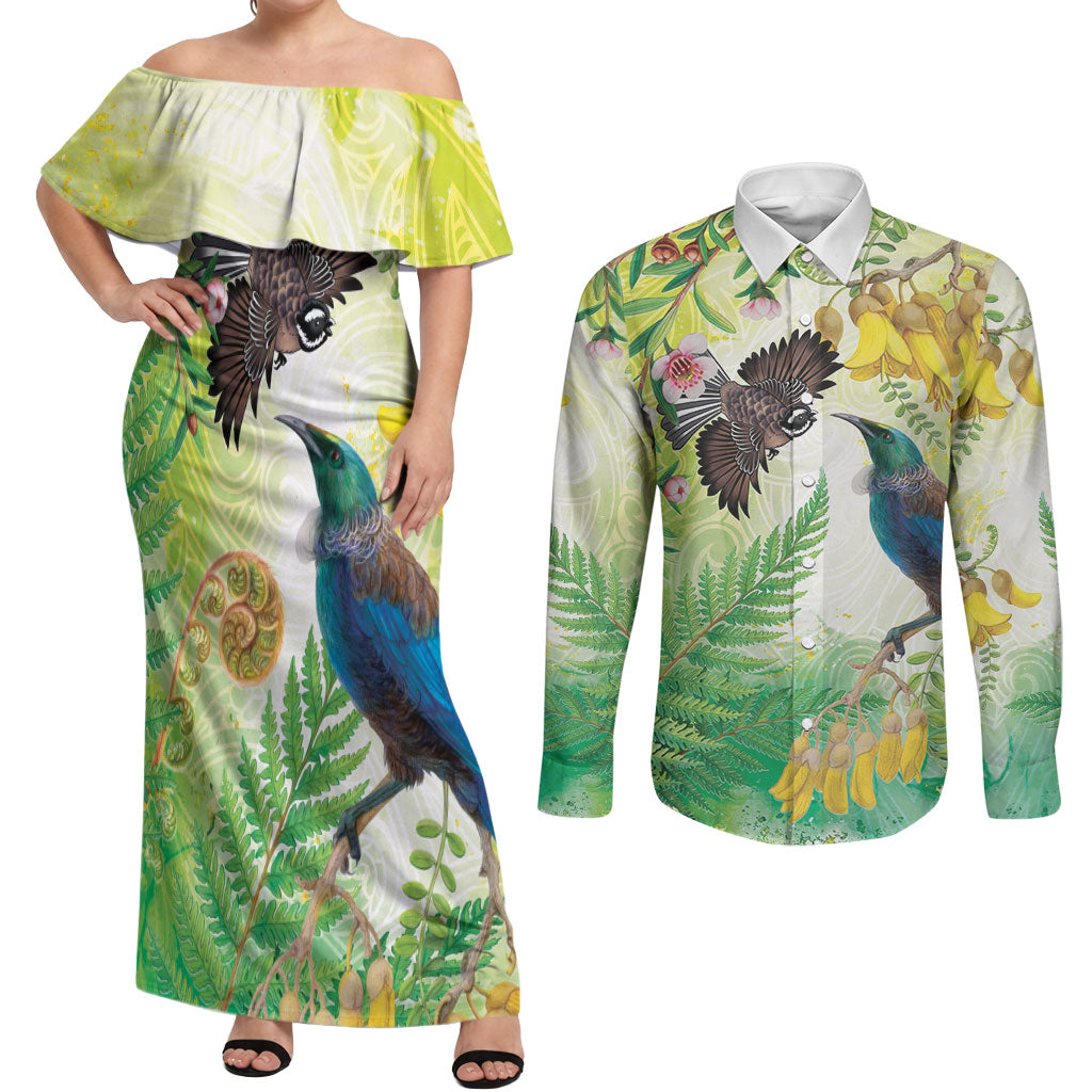 New Zealand Maori Mahuru Couples Matching Off Shoulder Maxi Dress and Long Sleeve Button Shirt Tui With Pikawakawa Spring Colors LT7 Multicolor - Polynesian Pride