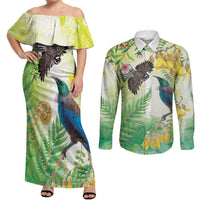 New Zealand Maori Mahuru Couples Matching Off Shoulder Maxi Dress and Long Sleeve Button Shirt Tui With Pikawakawa Spring Colors LT7 Multicolor - Polynesian Pride