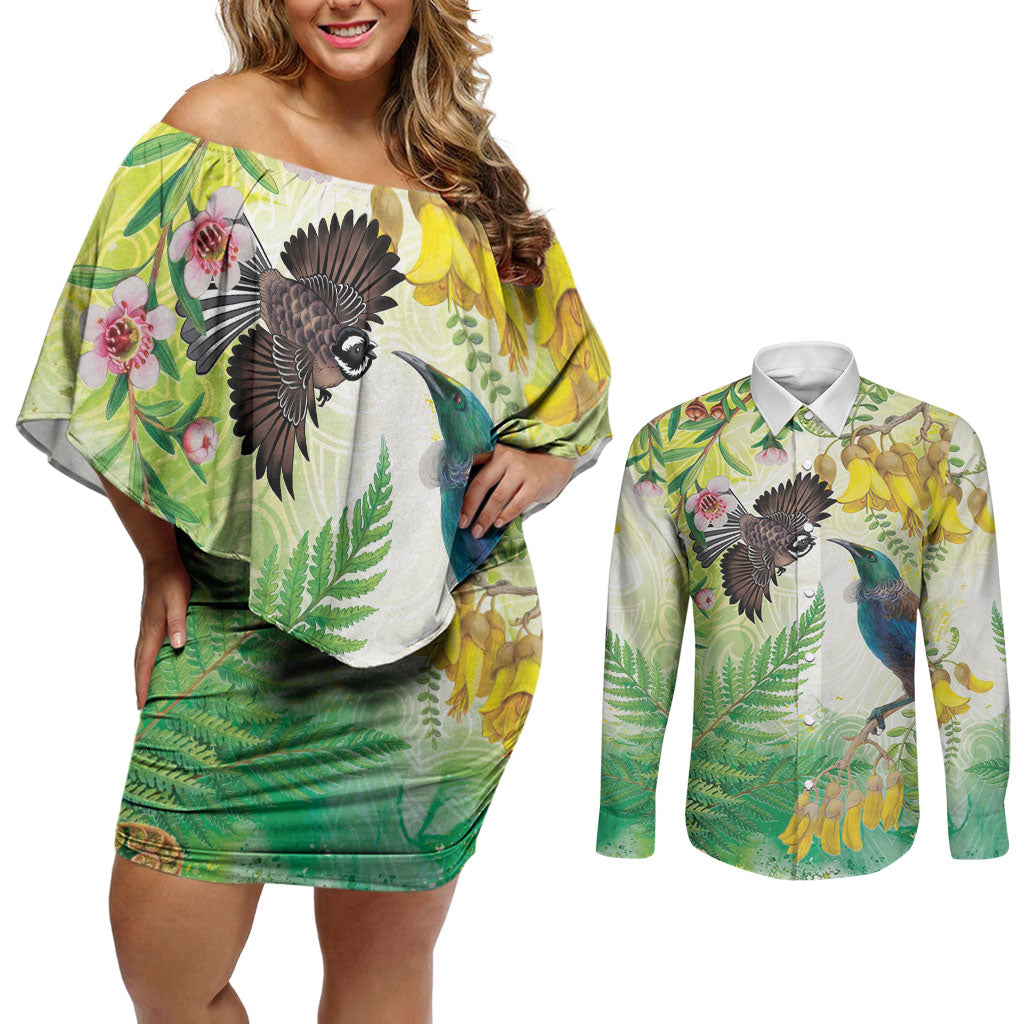 New Zealand Maori Mahuru Couples Matching Off Shoulder Short Dress and Long Sleeve Button Shirt Tui With Pikawakawa Spring Colors LT7 Multicolor - Polynesian Pride
