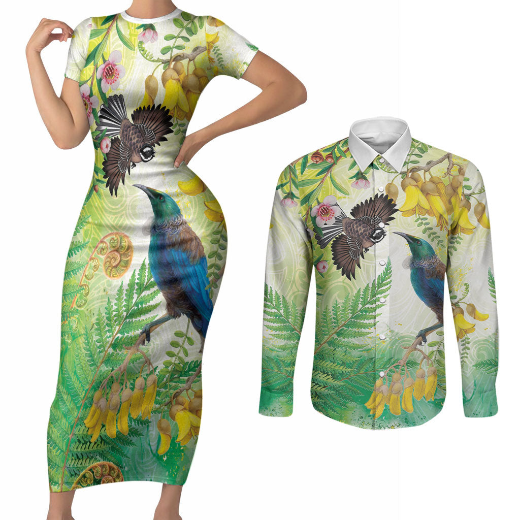 New Zealand Maori Mahuru Couples Matching Short Sleeve Bodycon Dress and Long Sleeve Button Shirt Tui With Pikawakawa Spring Colors LT7 Multicolor - Polynesian Pride
