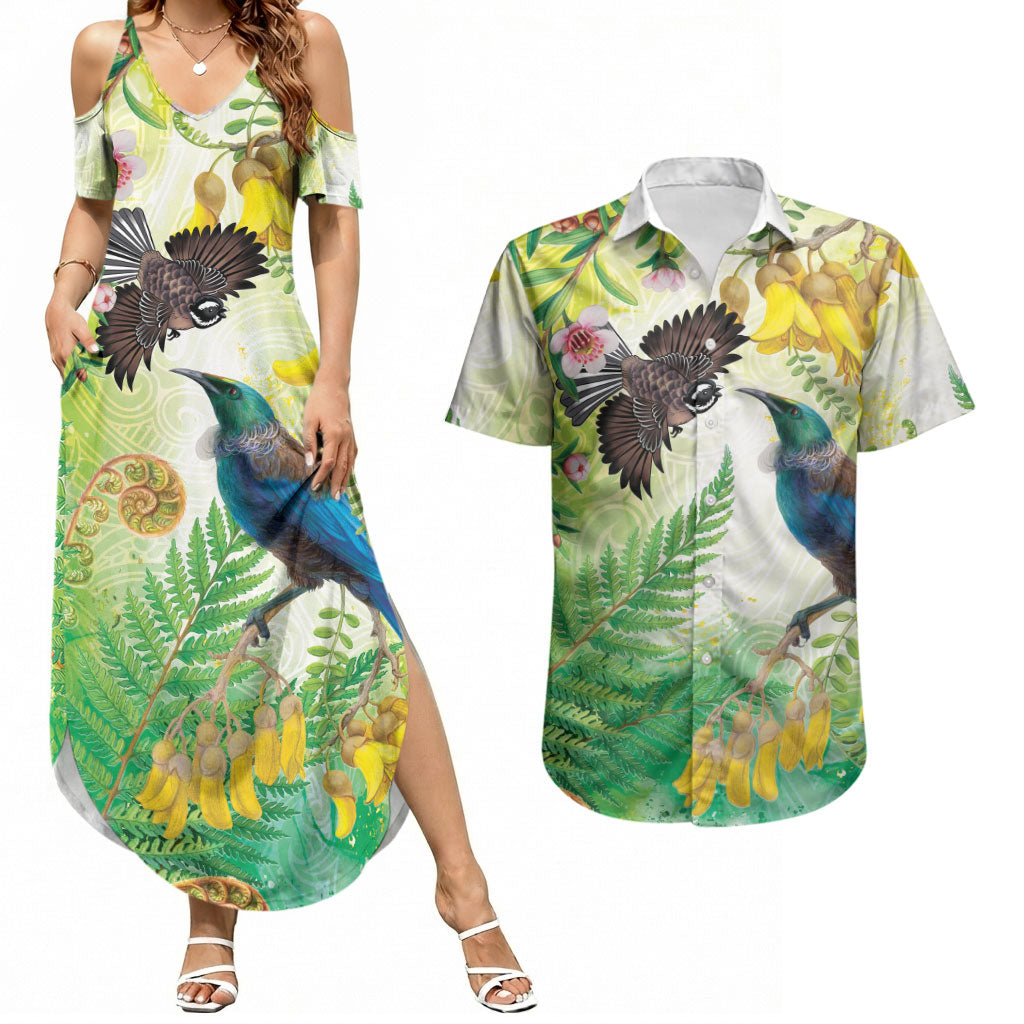 New Zealand Maori Mahuru Couples Matching Summer Maxi Dress and Hawaiian Shirt Tui With Pikawakawa Spring Colors LT7 Multicolor - Polynesian Pride