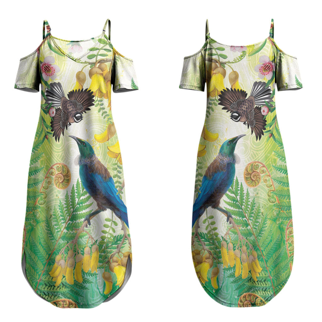 New Zealand Maori Mahuru Couples Matching Summer Maxi Dress and Long Sleeve Button Shirt Tui With Pikawakawa Spring Colors LT7 - Polynesian Pride