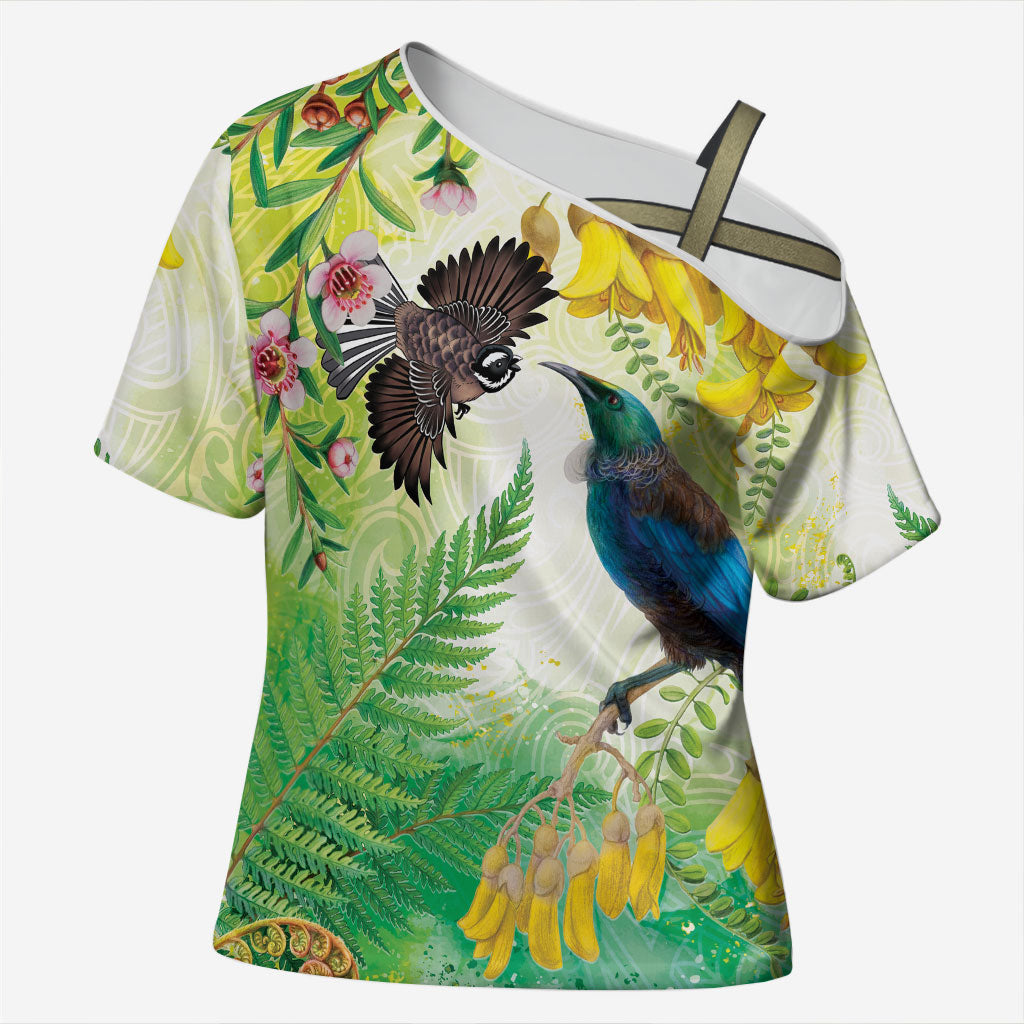 New Zealand Maori Mahuru Cross Shoulder Shirt Tui With Pikawakawa Spring Colors LT7 Female Multicolor - Polynesian Pride