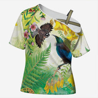 New Zealand Maori Mahuru Cross Shoulder Shirt Tui With Pikawakawa Spring Colors LT7 Female Multicolor - Polynesian Pride