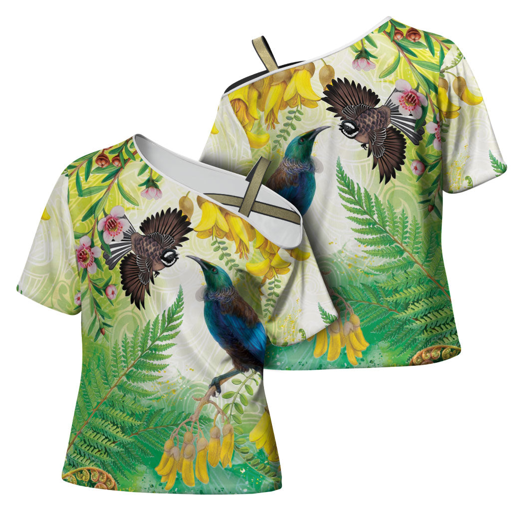 New Zealand Maori Mahuru Cross Shoulder Shirt Tui With Pikawakawa Spring Colors LT7 - Polynesian Pride