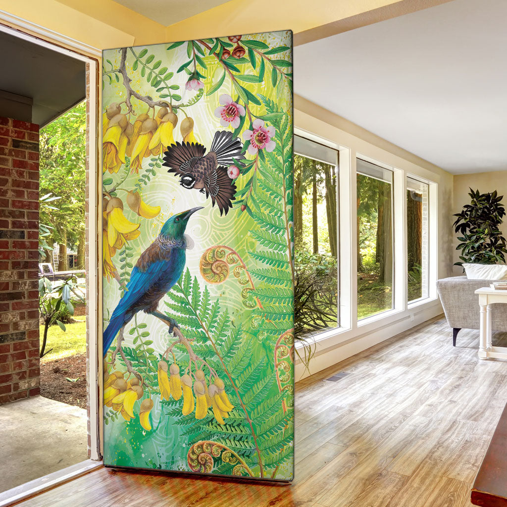 New Zealand Maori Mahuru Door Cover Tui With Pikawakawa Spring Colors LT7 - Polynesian Pride