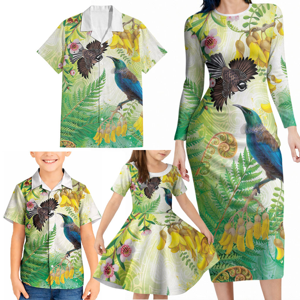 New Zealand Maori Mahuru Family Matching Long Sleeve Bodycon Dress and Hawaiian Shirt Tui With Pikawakawa Spring Colors LT7 - Polynesian Pride