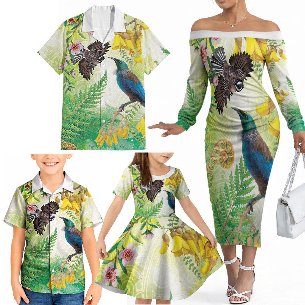 New Zealand Maori Mahuru Family Matching Off The Shoulder Long Sleeve Dress and Hawaiian Shirt Tui With Pikawakawa Spring Colors LT7 - Polynesian Pride