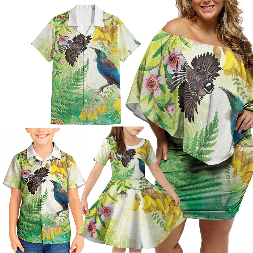 New Zealand Maori Mahuru Family Matching Off Shoulder Short Dress and Hawaiian Shirt Tui With Pikawakawa Spring Colors LT7 - Polynesian Pride