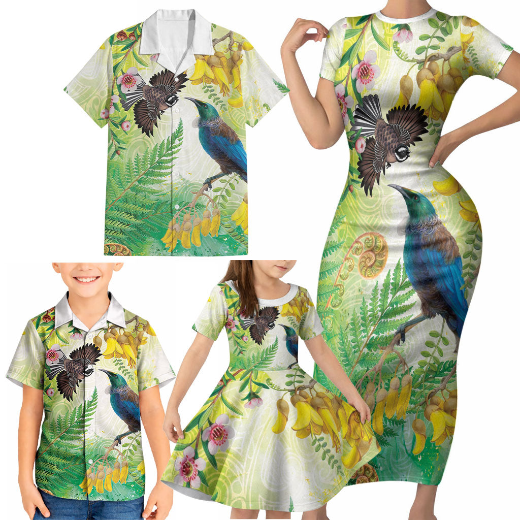 New Zealand Maori Mahuru Family Matching Short Sleeve Bodycon Dress and Hawaiian Shirt Tui With Pikawakawa Spring Colors LT7 - Polynesian Pride