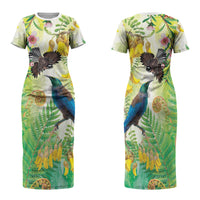 New Zealand Maori Mahuru Family Matching Short Sleeve Bodycon Dress and Hawaiian Shirt Tui With Pikawakawa Spring Colors LT7 Mom's Dress Multicolor - Polynesian Pride