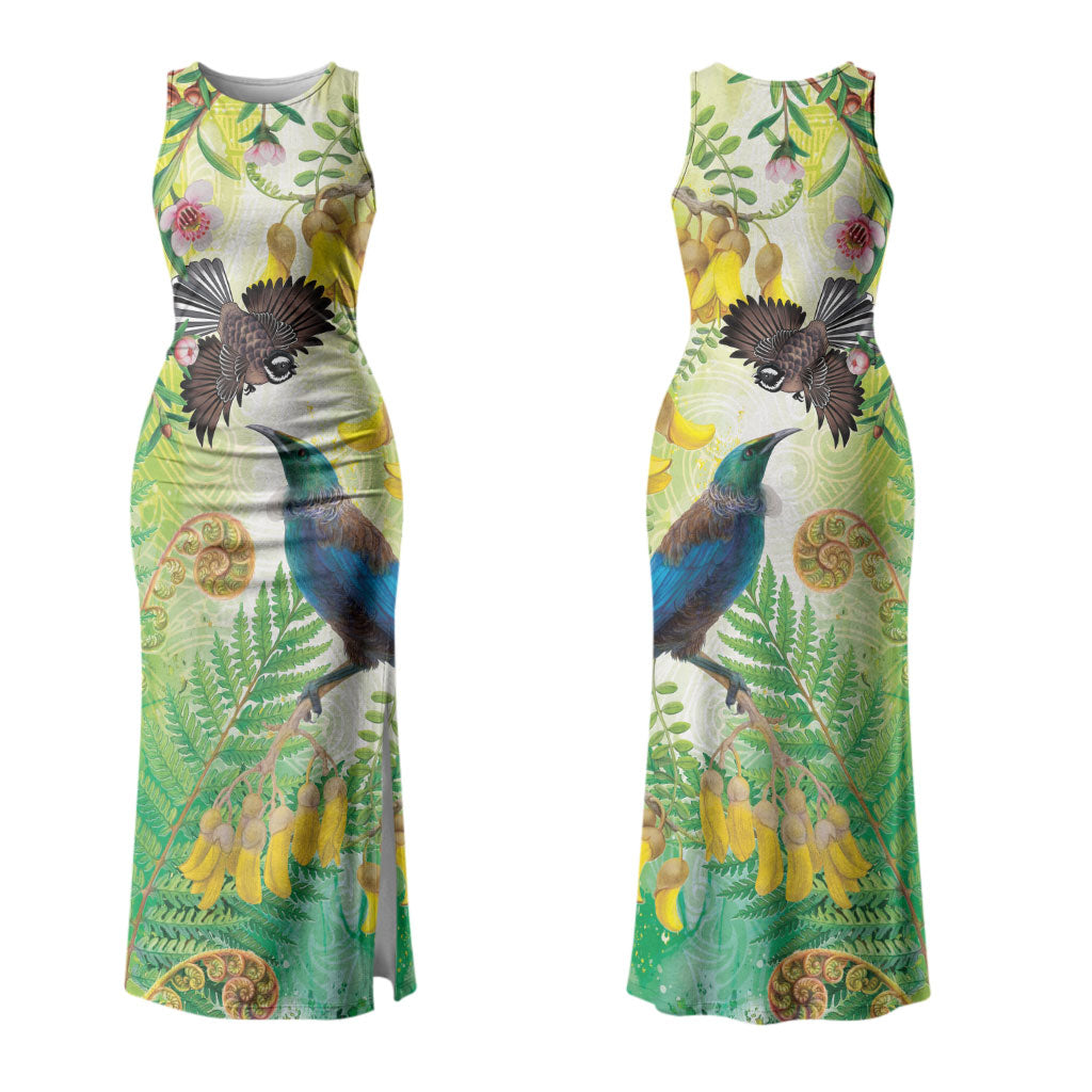 New Zealand Maori Mahuru Family Matching Tank Maxi Dress and Hawaiian Shirt Tui With Pikawakawa Spring Colors LT7 Mom's Dress Multicolor - Polynesian Pride