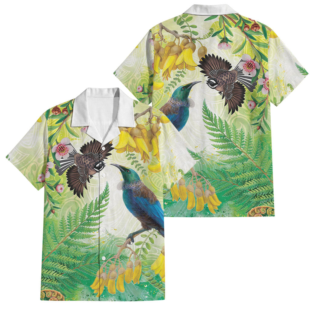 New Zealand Maori Mahuru Family Matching Tank Maxi Dress and Hawaiian Shirt Tui With Pikawakawa Spring Colors LT7 Dad's Shirt - Short Sleeve Multicolor - Polynesian Pride