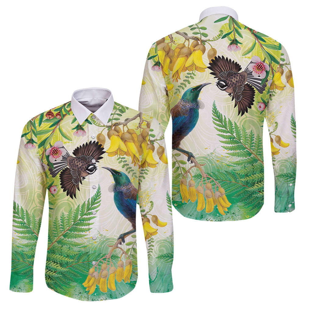New Zealand Maori Mahuru Family Matching Tank Maxi Dress and Hawaiian Shirt Tui With Pikawakawa Spring Colors LT7 Dad's Shirt - Long Sleeve Multicolor - Polynesian Pride