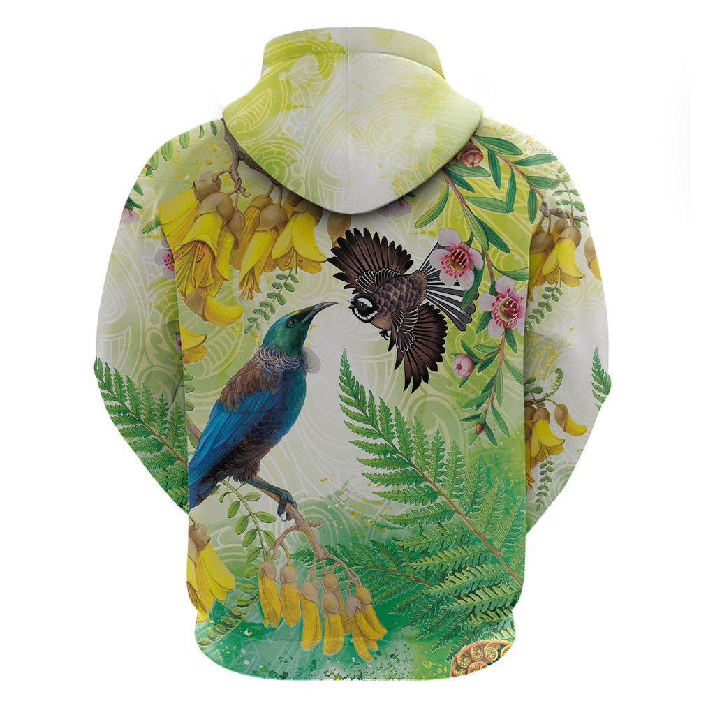 New Zealand Maori Mahuru Hoodie Tui With Pikawakawa Spring Colors LT7 - Polynesian Pride