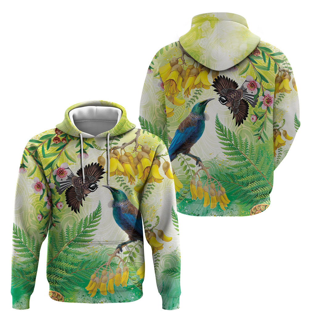 New Zealand Maori Mahuru Hoodie Tui With Pikawakawa Spring Colors LT7 - Polynesian Pride