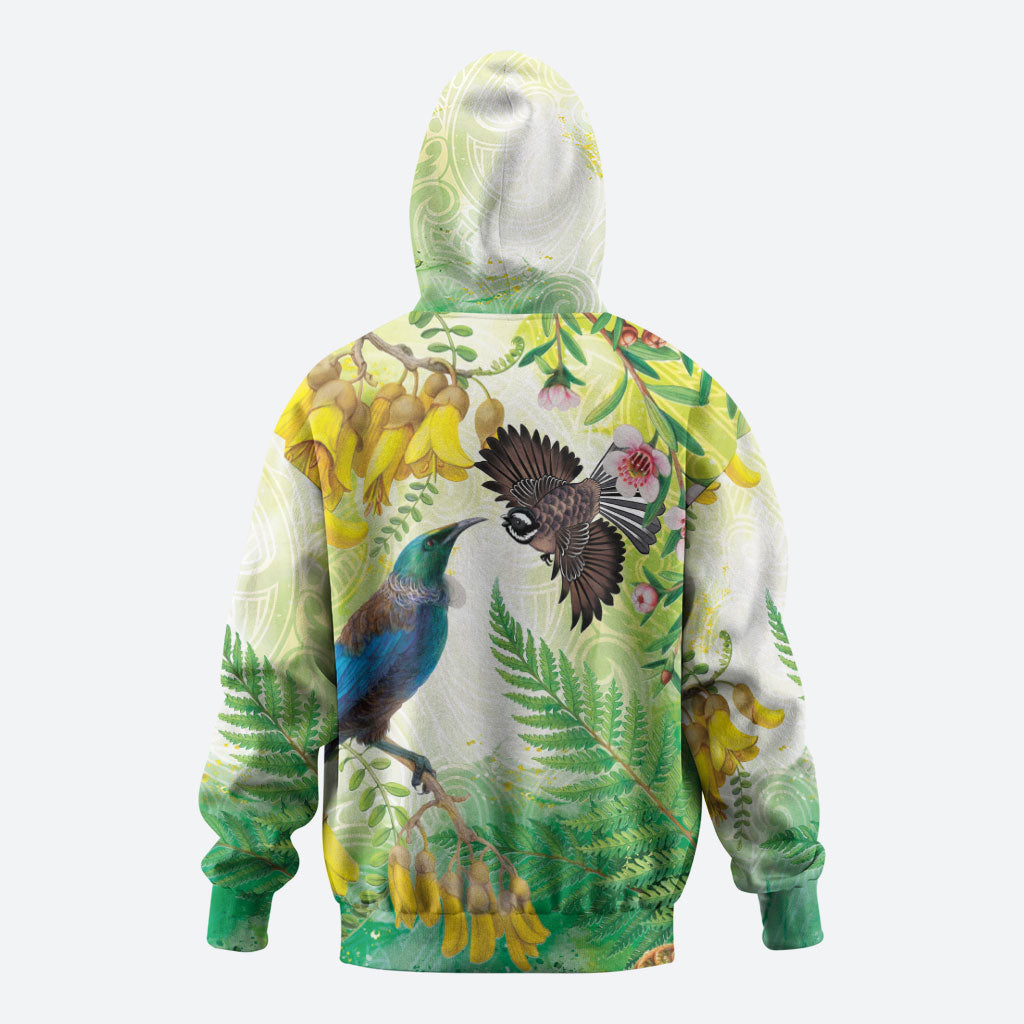 New Zealand Maori Mahuru Hoodie Tui With Pikawakawa Spring Colors LT7 - Polynesian Pride