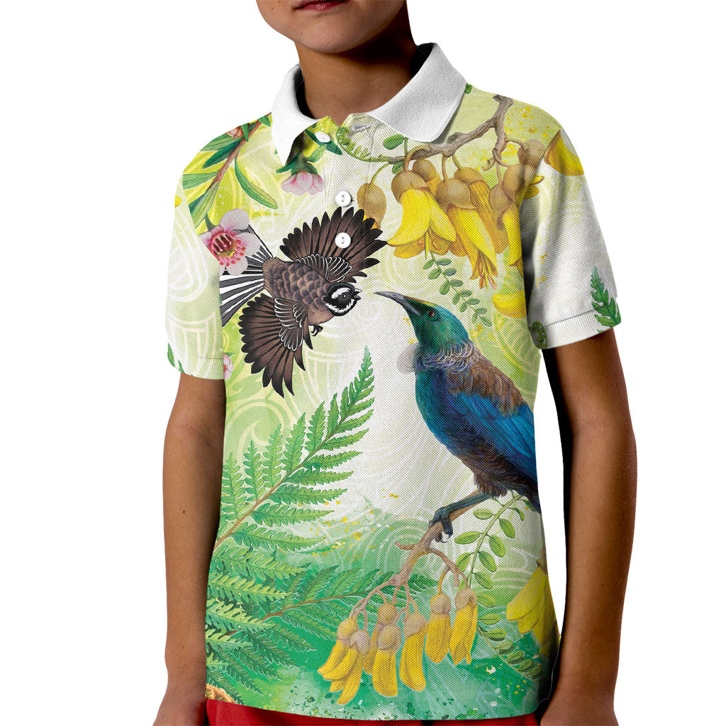 New Zealand Maori Mahuru Kid Polo Shirt Tui With Pikawakawa Spring Colors LT7 Kid Multicolor - Polynesian Pride