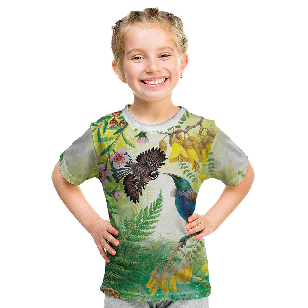 New Zealand Maori Mahuru Kid T Shirt Tui With Pikawakawa Spring Colors LT7 Multicolor - Polynesian Pride