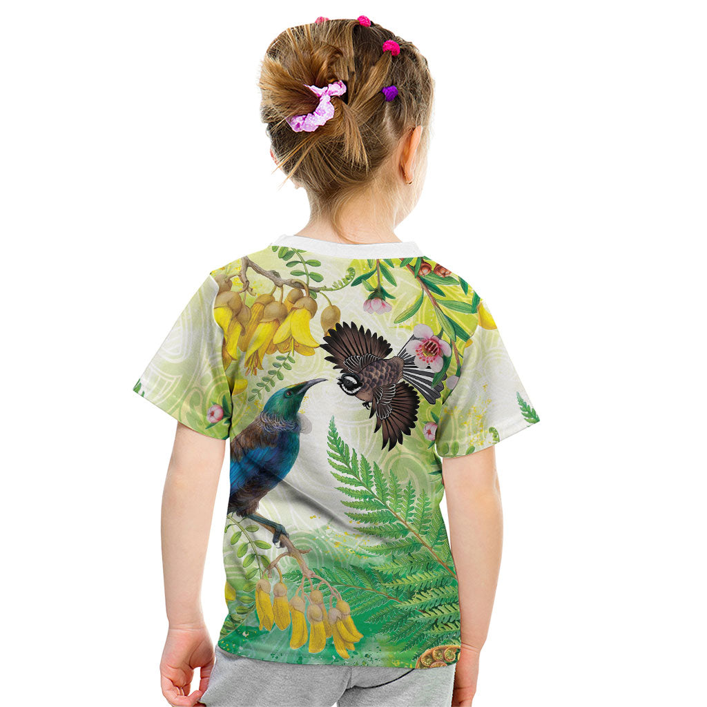 New Zealand Maori Mahuru Kid T Shirt Tui With Pikawakawa Spring Colors LT7 - Polynesian Pride