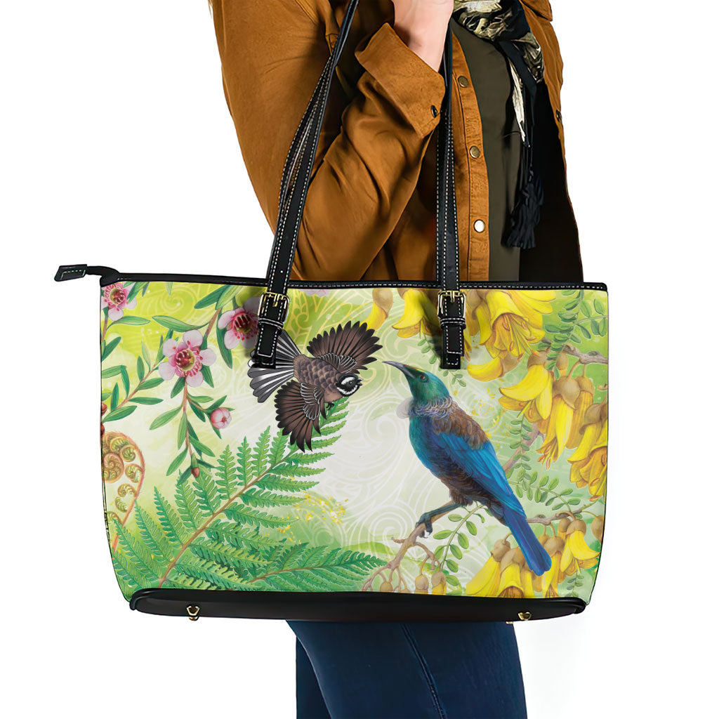 New Zealand Maori Mahuru Leather Tote Bag Tui With Pikawakawa Spring Colors LT7 - Polynesian Pride