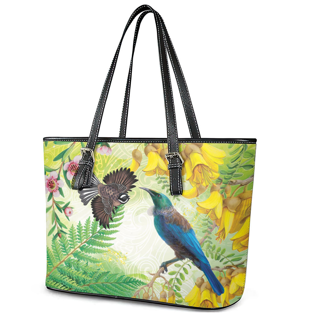 New Zealand Maori Mahuru Leather Tote Bag Tui With Pikawakawa Spring Colors LT7 - Polynesian Pride
