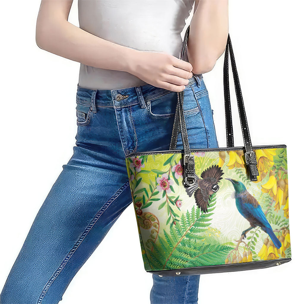 New Zealand Maori Mahuru Leather Tote Bag Tui With Pikawakawa Spring Colors LT7 - Polynesian Pride
