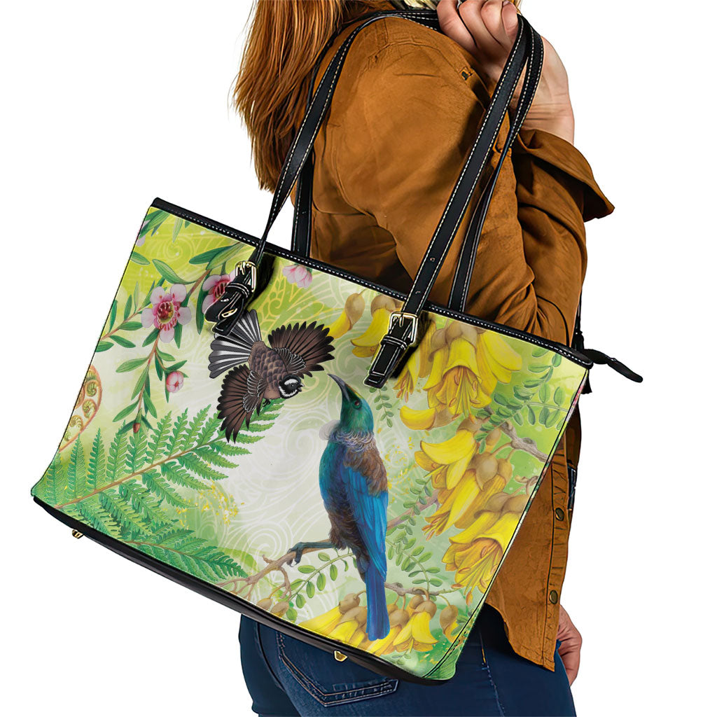 New Zealand Maori Mahuru Leather Tote Bag Tui With Pikawakawa Spring Colors LT7 - Polynesian Pride