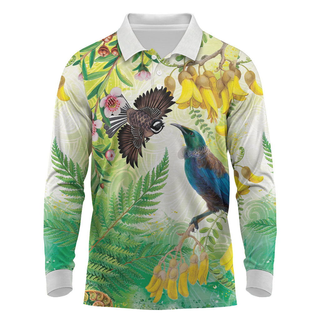 New Zealand Maori Mahuru Long Sleeve Polo Shirt Tui With Pikawakawa Spring Colors LT7 Multicolor - Polynesian Pride