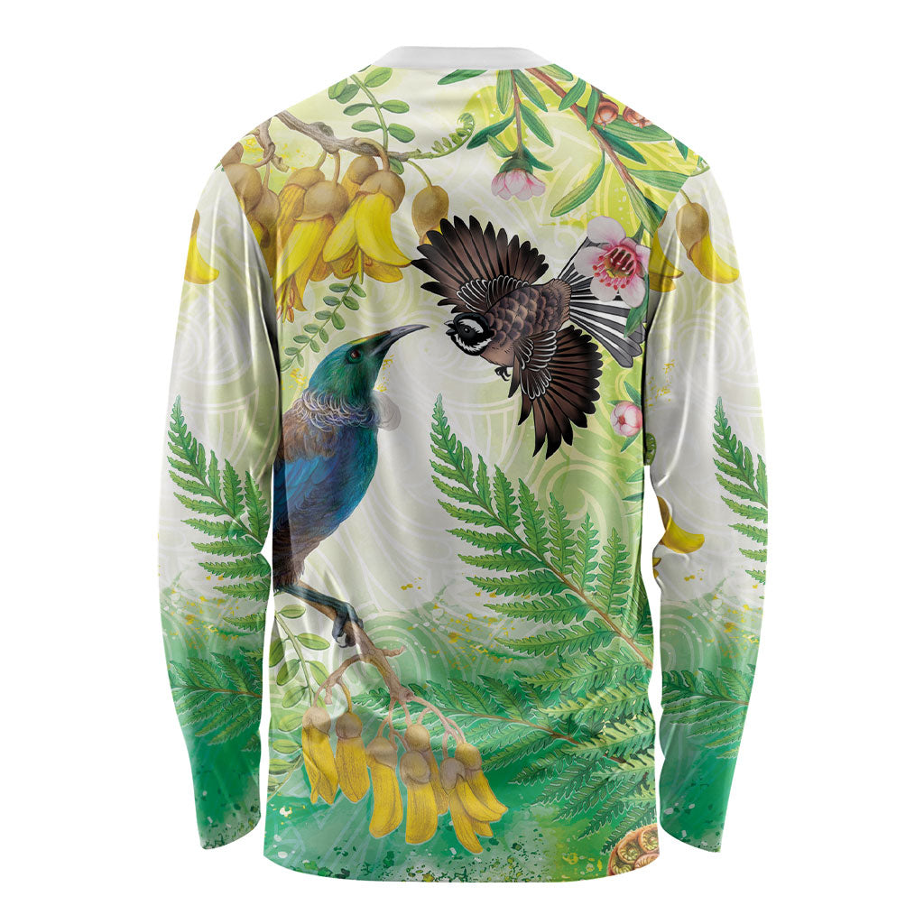 New Zealand Maori Mahuru Long Sleeve Shirt Tui With Pikawakawa Spring Colors LT7 - Polynesian Pride