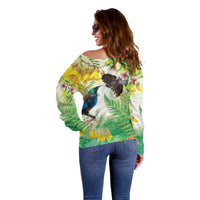 New Zealand Maori Mahuru Off Shoulder Sweater Tui With Pikawakawa Spring Colors LT7 - Polynesian Pride