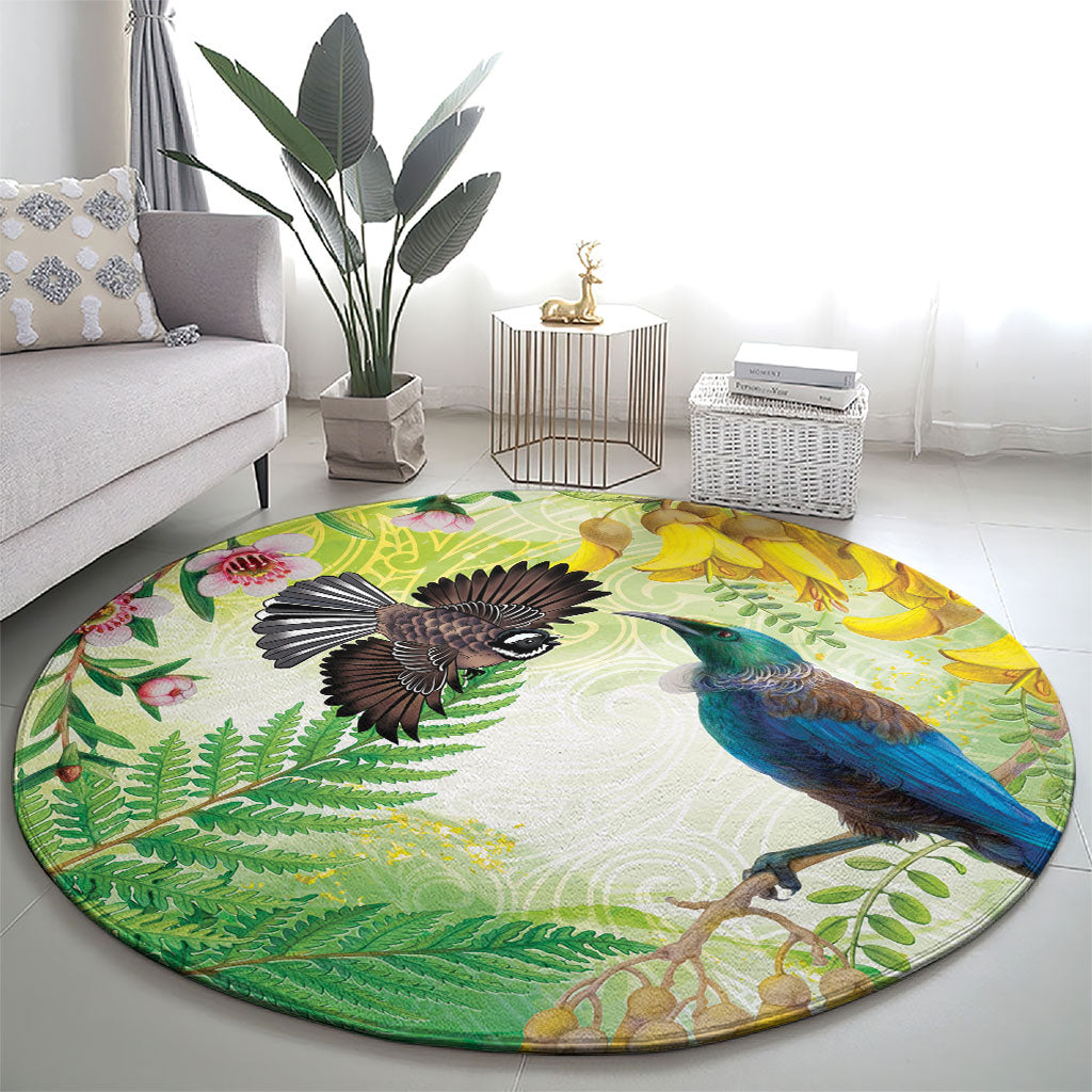 New Zealand Maori Mahuru Round Carpet Tui With Pikawakawa Spring Colors LT7 - Polynesian Pride