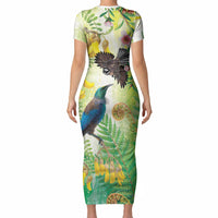 New Zealand Maori Mahuru Short Sleeve Bodycon Dress Tui With Pikawakawa Spring Colors LT7 - Polynesian Pride